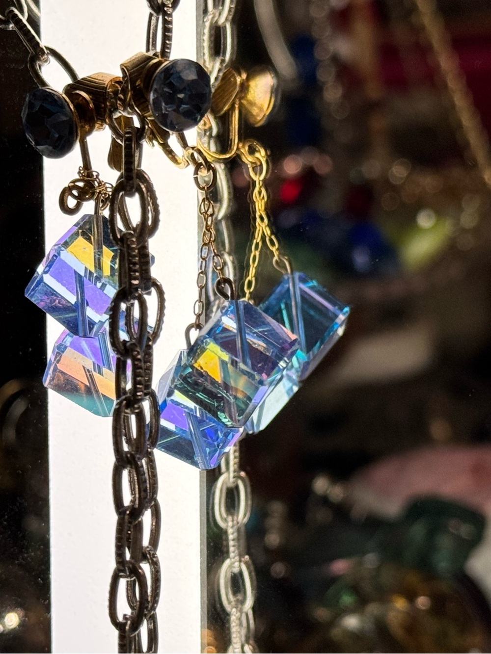 Aurora Blue Cube Drop Earrings with Gold Chains - Women Jewelry